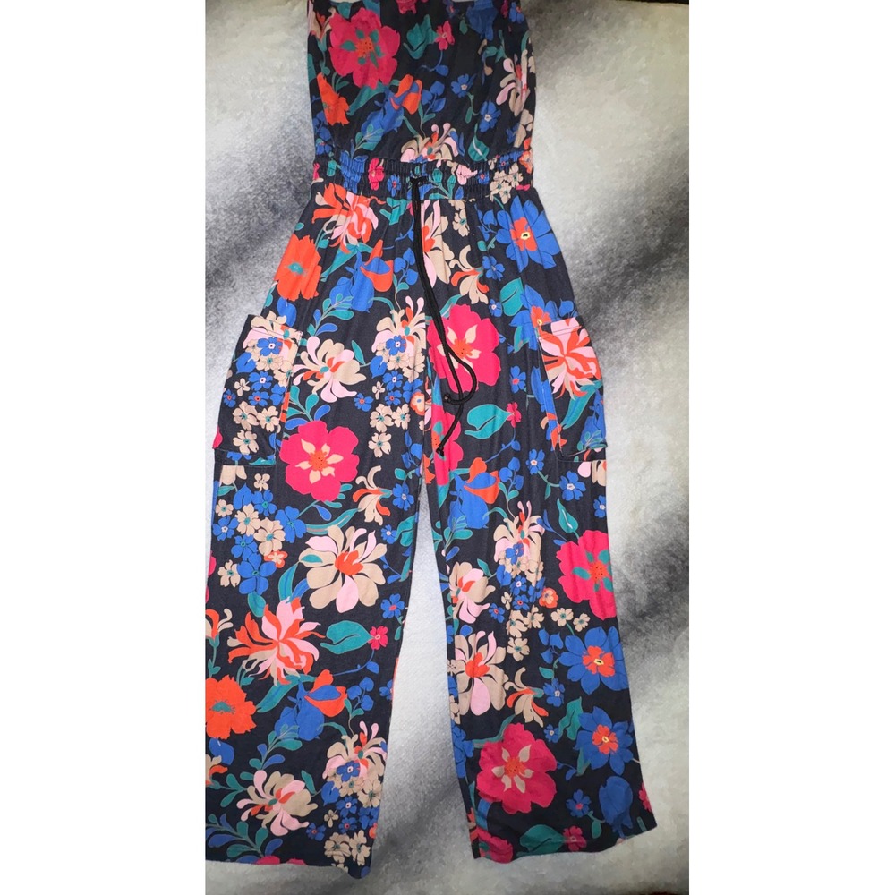 (CL) Feager‎ Floral Wide Leg Strapless Jumpsuit M Black Pink Blue Cargo Pockets